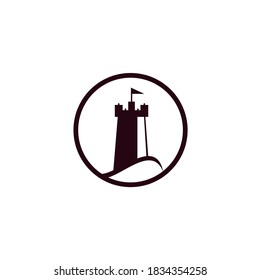 Ilustración del icono del vector del logotipo de la onda del castillo. Logotipo de castillo simple y ola oceánica	