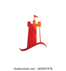 Ilustración del icono del vector del logotipo de la onda del castillo. Logotipo de castillo simple y ola oceánica	