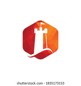 Ilustración del icono del vector del logotipo de la onda del castillo. Logotipo de castillo simple y ola oceánica	