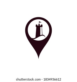 Castle Wave map pin shape concept Logo Vector Icon Illustration. Simple castle and ocean wave logo	