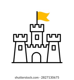 Castle with waving yellow flag, representing adventure, fantasy, tourism, travel, medieval architecture and magical destinations. Linear icon castle with flag.