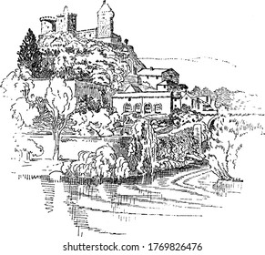 castle which is the center of the Cathars, town of Foix, France, vintage line drawing or engraving illustration.