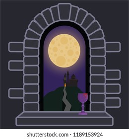Castle window with night landscape and full moon  horror halloween background . Retro old fashioned games desing for web and print .Cute cartoon illustration 