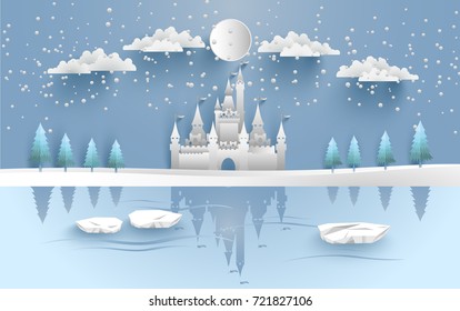 castle in winter on the lake. there are snow and pine trees. design paper art and crafts