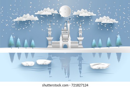 castle in winter on the lake. there are snow and pine trees. design paper art and crafts