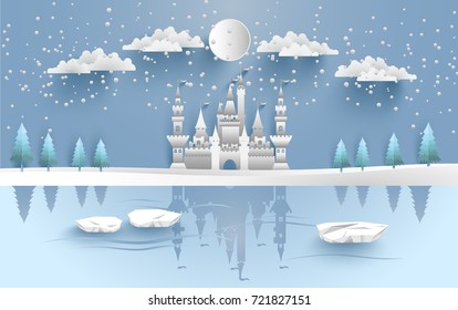 castle in winter on the lake. there are snow and pine trees. design paper art and crafts