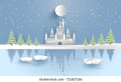 castle in winter on the lake. there are snow and pine trees. design paper art and crafts