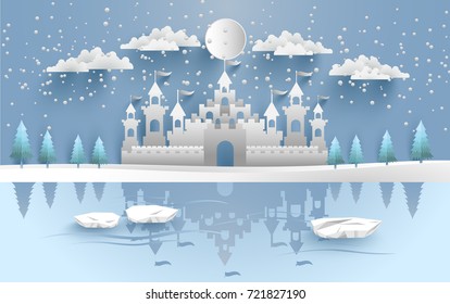 castle in winter on the lake. there are snow and pine trees. design paper art and crafts