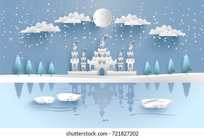 castle in winter on the lake. there are snow and pine trees. design paper art and crafts