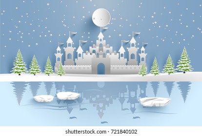 castle in winter on the lake. there are snow and pine trees. design paper art and crafts