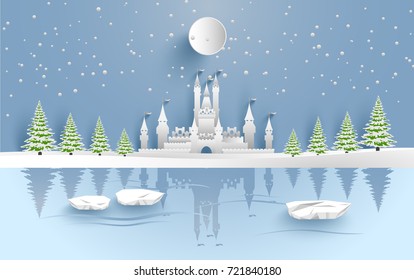 castle in winter on the lake. there are snow and pine trees. design paper art and crafts