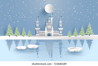 castle in winter on the lake. there are snow and pine trees. design paper art and crafts