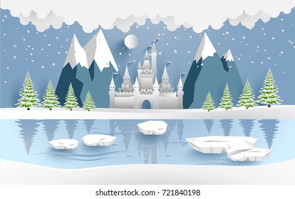 castle in winter on the lake. there are snow and pine trees. design paper art and crafts