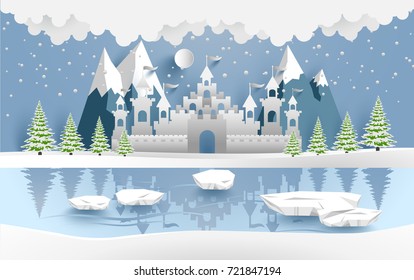 castle in winter on the lake. there are snow and pine trees. design paper art and crafts