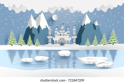 castle in winter on the lake. there are snow and pine trees. design paper art and crafts