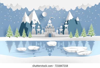 castle in winter on the lake. there are snow and pine trees. design paper art and crafts