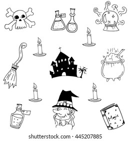 Castle and witch element halloween doodle illustration