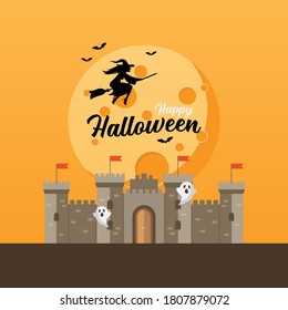 Castle with witch flying over the moon. Halloween greeting card. Vector illustration