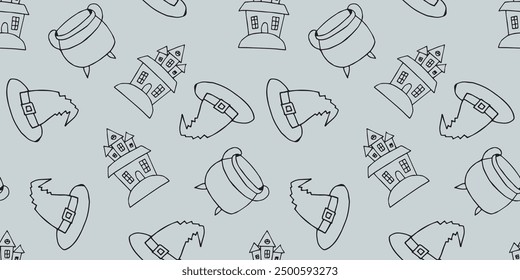 castle. witch. The witch's hat. kettle. terrible. holiday. Halloween. October 31st. vector. seamless pattern. the pattern. seamless. pattern. bat. scary stories. lines. ghost. A terrible holiday. spid