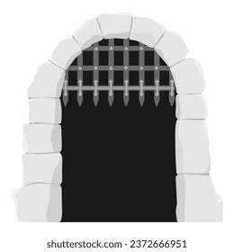 Castle wooden gate, medieval cartoon entrance grate, stone arch isolated on white background. Vintage architecture palace entry, ancient city element  Castle gate outdoor portal