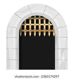 Castle wooden gate, medieval cartoon entrance grate, stone arch isolated on white background. Vintage architecture palace entry, ancient city element  Castle gate outdoor portal