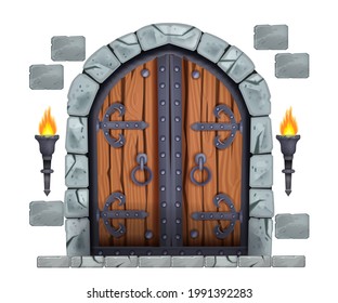 Castle wooden gate, medieval vector double door, stone arch, fire torch, bricks isolated on white. Ancient portal front view, closed dungeon entrance, iron handle. Castle gate, ancient prison doorway