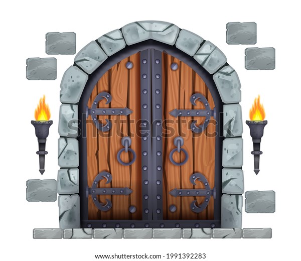 Castle wooden gate, medieval vector double door, stone arch, fire torch