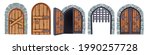 Castle wooden gate vector set, medieval cartoon entrance grate, stone arch front view, handle. Vintage architecture double palace entry, ancient city element collection. Castle gate outdoor portal