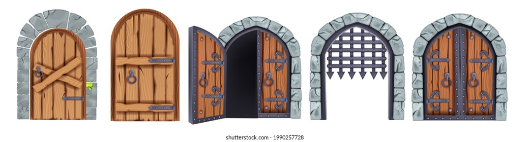 Castle wooden gate vector set, medieval cartoon entrance grate, stone arch front view, handle. Vintage architecture double palace entry, ancient city element collection. Castle gate outdoor portal