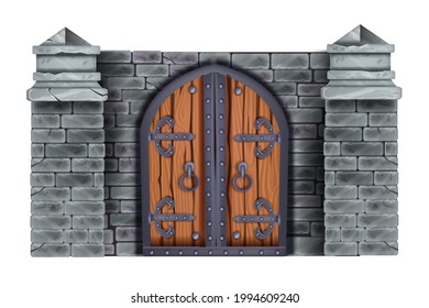 Castle wooden medieval gate, old double closed door, stone pillar, brick wall isolated on white. Vintage dungeon entrance, iron handle, architecture game design element. Castle arch gate illustration