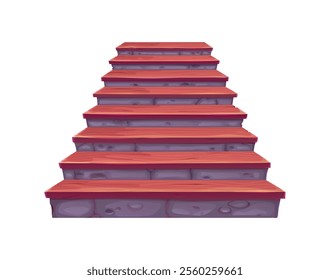 Castle wooden and stone stairs. Cartoon staircase or stairway in cottage house, ascent ladder with timber and rock details. Isolated vector ancient medieval or fairytale interior construction element