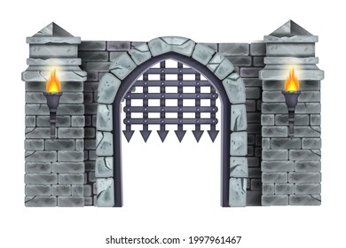 Castle wrought iron vector gate illustration, medieval brick column portal, stone arch isolated on white. Vintage architecture dungeon entrance, metal fortress grate, torch. Castle gate game object