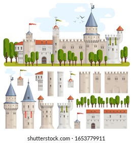 Castles constructor knight vector illustration game set with elements of old medieval towers and fortress flags on tops and trees near by. Cartoon castles creation kit fantasy royal palace building.