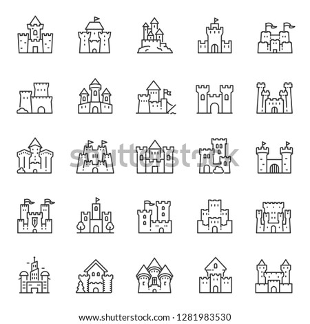 Castles of different shapes, icon set. Castle, linear icons. Line with editable stroke