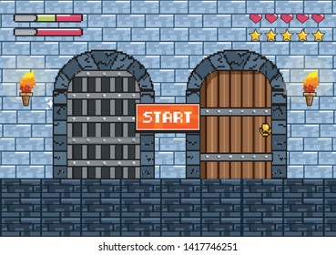 castles doors with torches and notice message with life bars