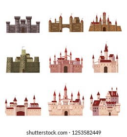   Castles, fortress, ancient, architecture middle ages Europe, Medieval palaces with high towers and conical roofs, vector, banners, isolated, illustration, cartoon style