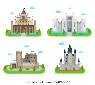 Castles and fortress with walls, towers and gates. Old medieval forts and king strongholds in a flat style. Cartoon fairy-tale palaces and kingdoms. 