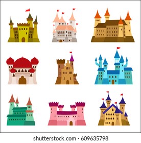 Castles and fortresses flat design vector icons. Set of illustrations of ruins, mansions, palaces, villas and other medieval buildings