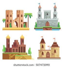 Castles and fortresses flat vector icons set. Cartoon fairy medieval with towers