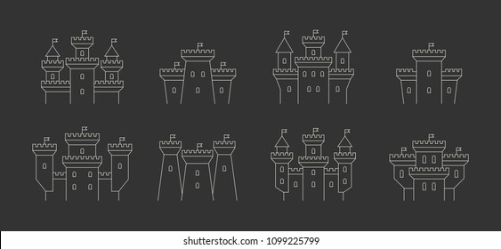 castles and fortresses icons set. thin line style. isolated on black background