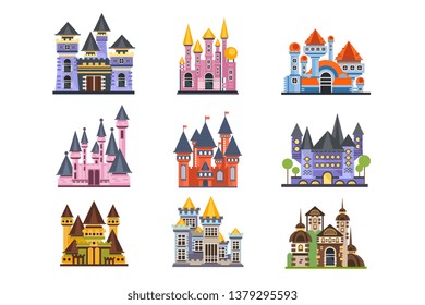 Castles and fortresses set, fairy medieval buildings vector Illustrations on a white background