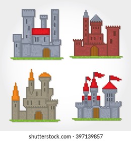 Castles and fortresses vector icons. Pixel art. Old school computer graphic style.