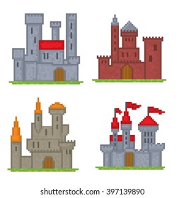 Castles And Fortresses Vector Icons. Pixel Art. Old School Computer Graphic Style.