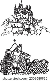 Castles of Germany, graphical sketch of  Wernigerode and Hohenzollern Castle isolated on white background,vector elements of architecture
