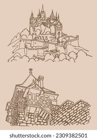 Castles of Germany, graphical sketch of  Wernigerode and Hohenzollern Castle  on sepia background,vector elements of architecture
