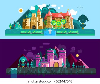 Castles horizontal banners with colorful antique palace and mansion in day and night time isolated vector illustration