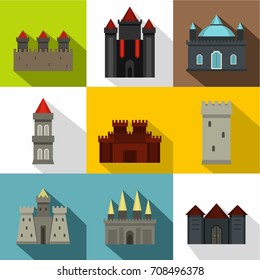 Castles icon set. Flat style set of 9 castles vector icons for web design