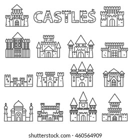 castles icons set. Thin line design
