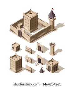 Castles isometric. Creation kit of medieval buildings walls gates towers of ancient castles vector architectural assets for games. Tower architecture, medieval building illustration