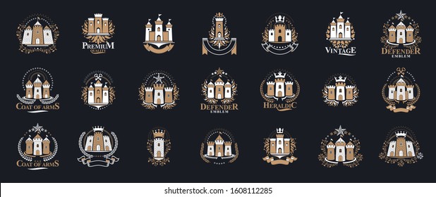 Castles logos big vector set, vintage heraldic fortresses emblems collection, classic style heraldry design elements, ancient forts and citadels.